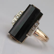 Load image into Gallery viewer, Barrel cut elegant onyx and diamond vintage ring in yellow gold from Manor Jewels