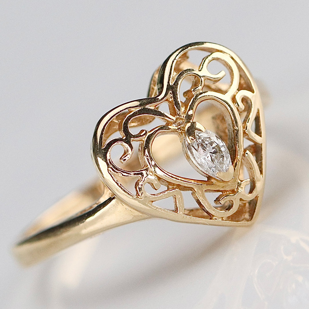 SALE!  Vintage diamond pierced heart ring in 14k yellow gold