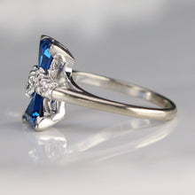 Load image into Gallery viewer, Vintage lab grown unusual blue and white spinel ring in white gold