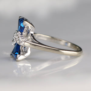 Vintage lab grown unusual blue and white spinel ring in white gold