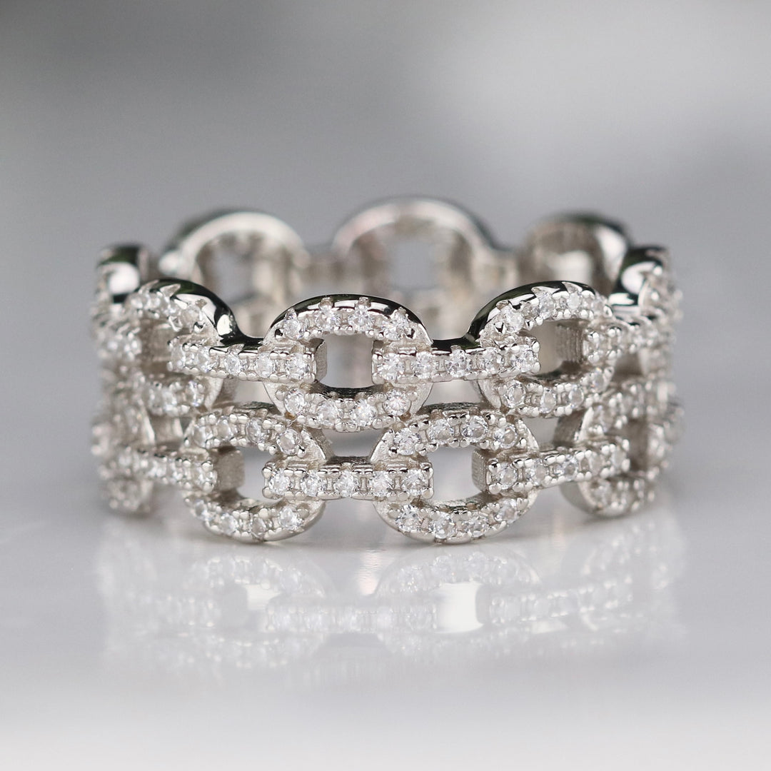 Sterling silver CZ studded double chain style band