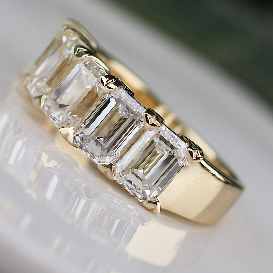 MANOR ROYAL: The Elizabeth ring - Lab grown 4.675ctw 5 stone emerald cut diamond band ring in 14k yellow gold