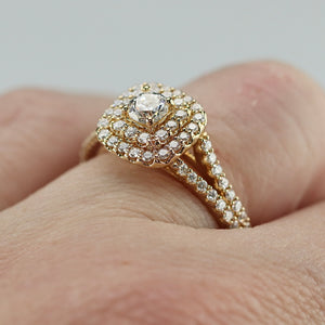 Double halo lab grown diamond ring in 14k yellow gold