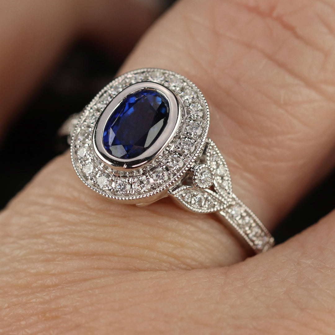 Sapphire and diamond ring in 14k white gold