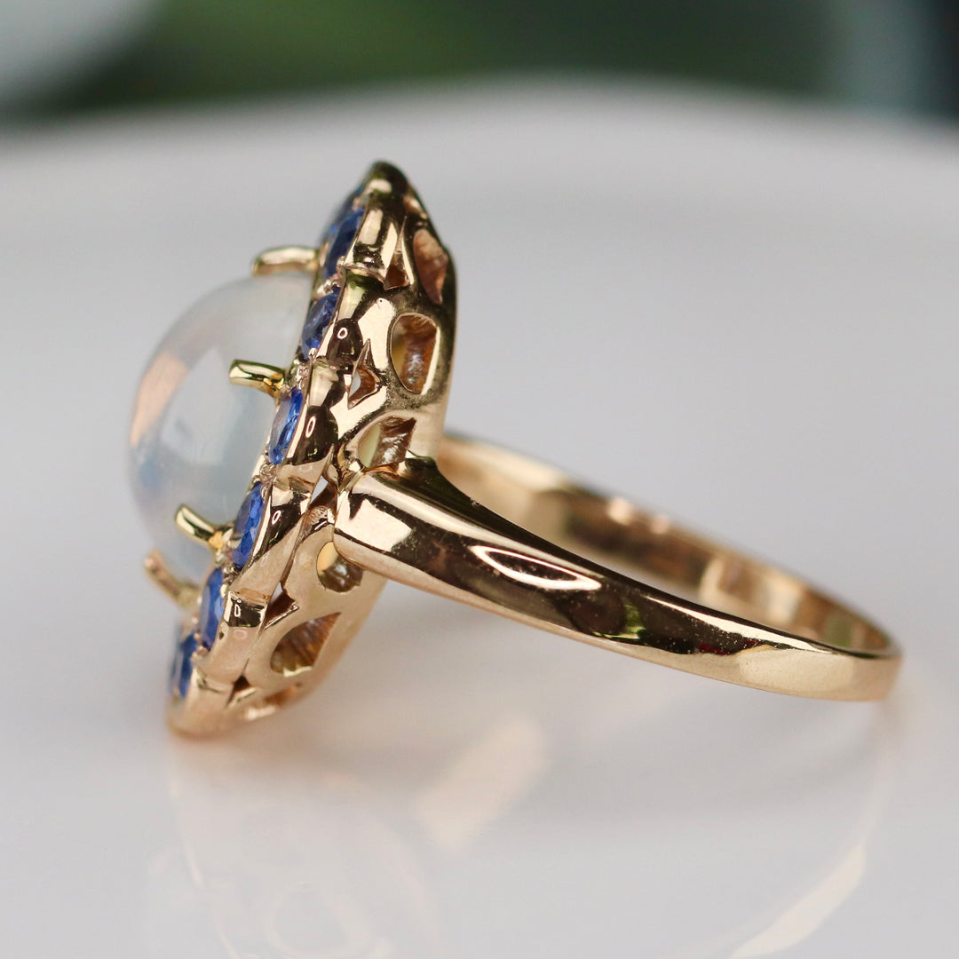 RESERVED: LAYAWAY PAYMENT 4 OF 10: Stunning moonstone and sapphire ring in 14k yellow gold