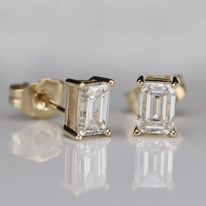 1ctw emerald cut Lab Grown Diamond studs in 14k yellow gold