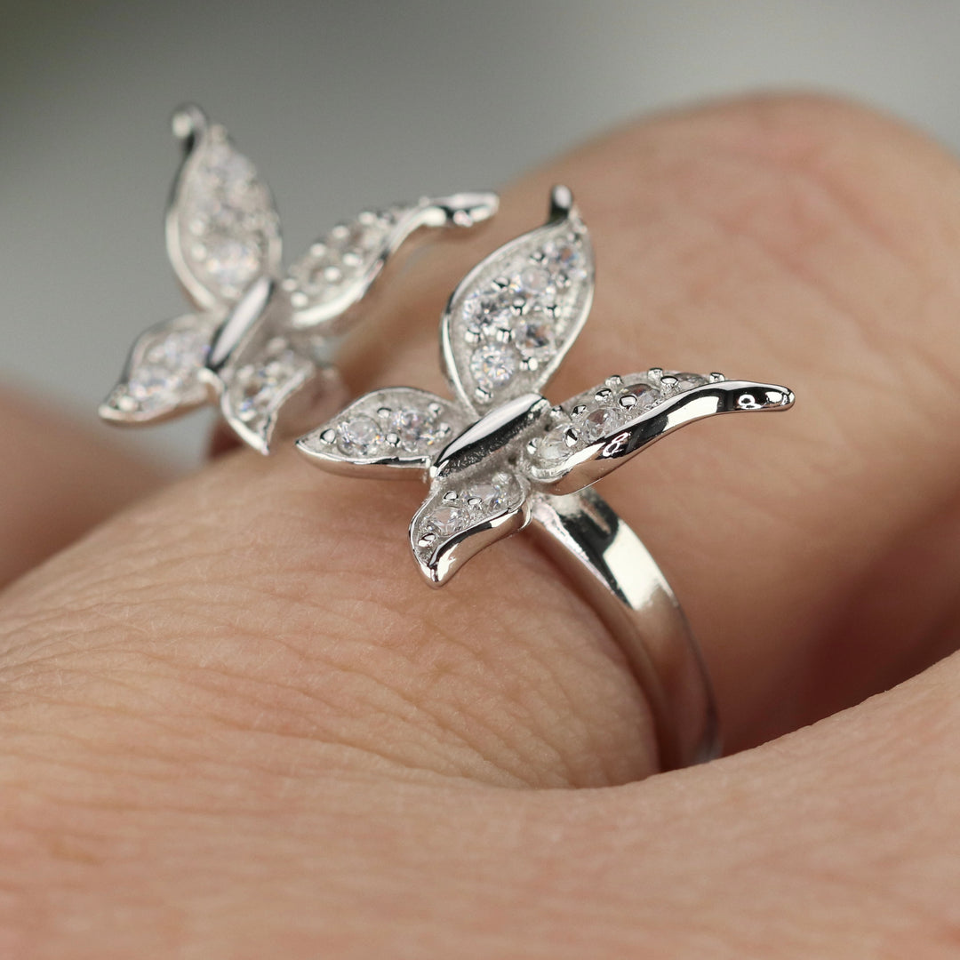 Sterling silver CZ double butterfly ring