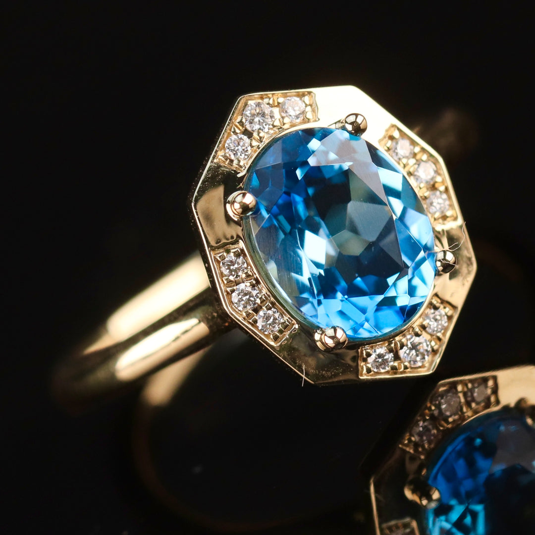 RESERVED FOR DI:  PAYMENT 1 OF 5: SALE!!  Blue topaz and diamond ring in 14k yellow gold