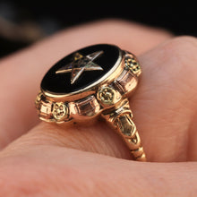 Load image into Gallery viewer, Vintage onyx ring with eastern star motif in tri color gold from Manor Jewels.