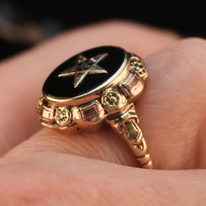 Vintage onyx ring with eastern star motif in tri color gold from Manor Jewels.