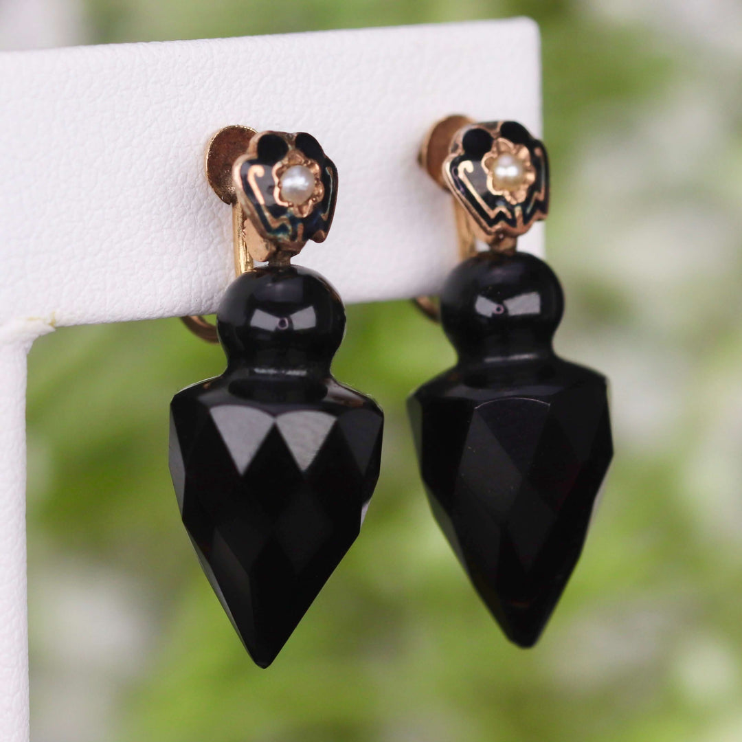 RESERVED: PAYMENT 4 OF 4: Victorian mourning earrings with faceted onyx drops in 14k yellow gold