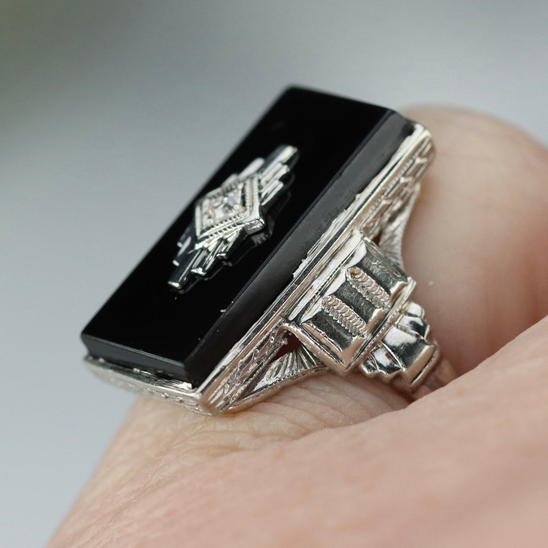 Art Deco oblong onyx and diamond vintage ring in 14k white gold