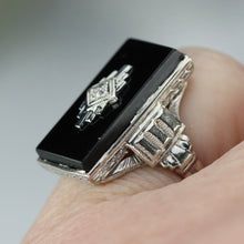 Load image into Gallery viewer, Art Deco oblong onyx and diamond vintage ring in 14k white gold