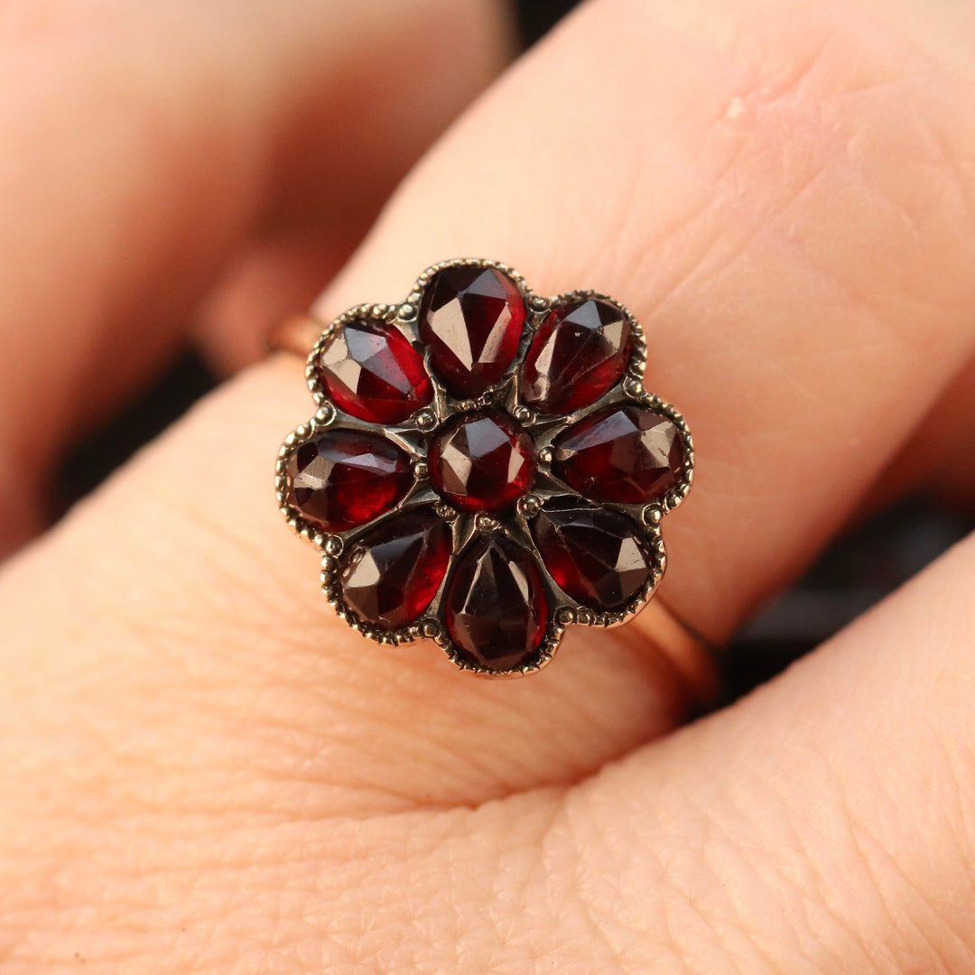 Vintage rose cut Garnet cluster ring in yellow gold