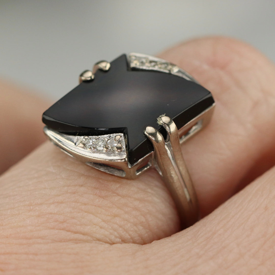 Fancy cut vintage onyx and diamond ring in white gold