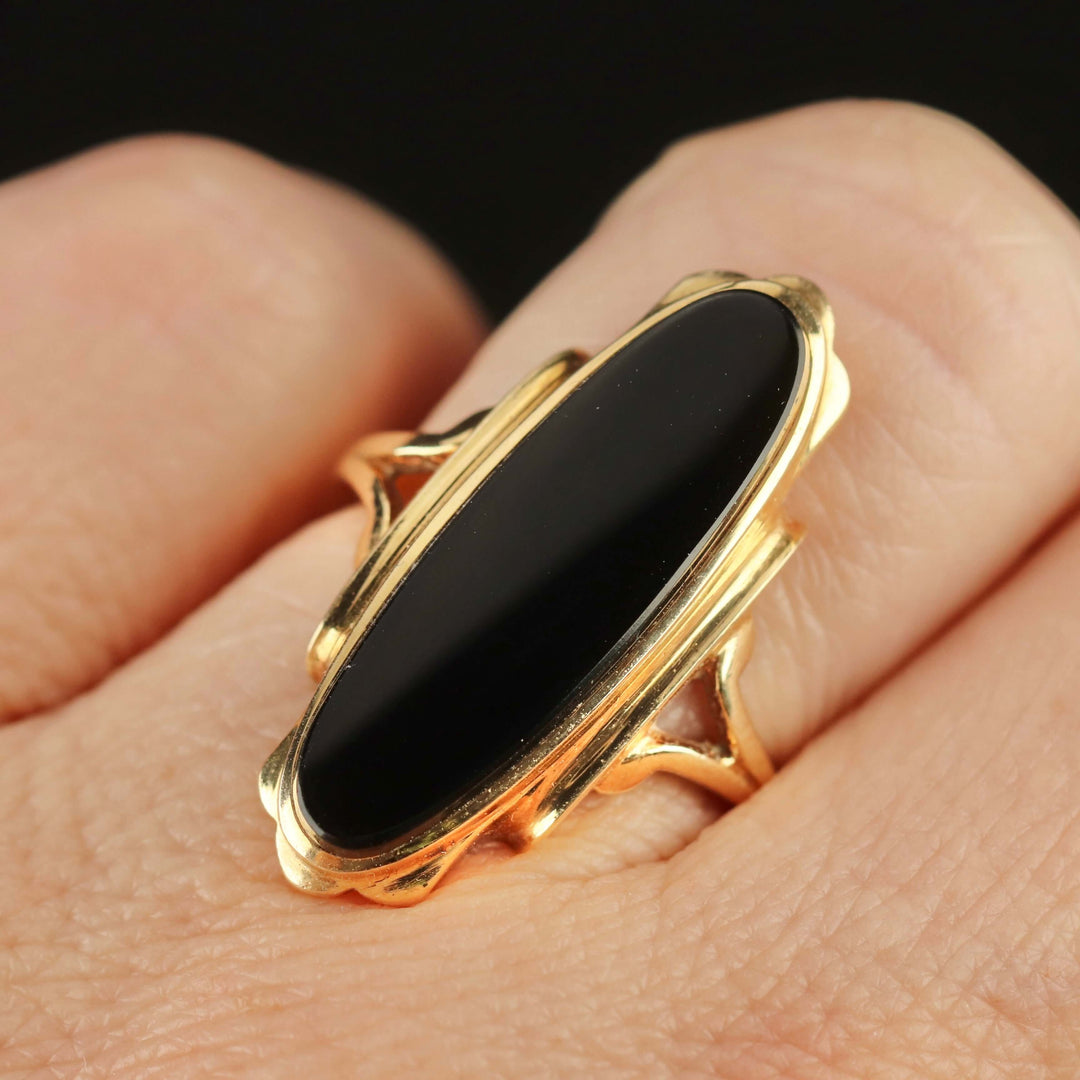 RESERVED: LAYAWAY PAYMENT 1 OF 3: Classic long and lean oval onyx vintage ring in yellow gold