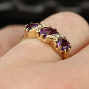 Vintage amethyst and seed pearl ring in 14k yellow gold