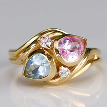 Load image into Gallery viewer, Lab grown pink sapphire and blue spinel in stunning setting of 14k gold