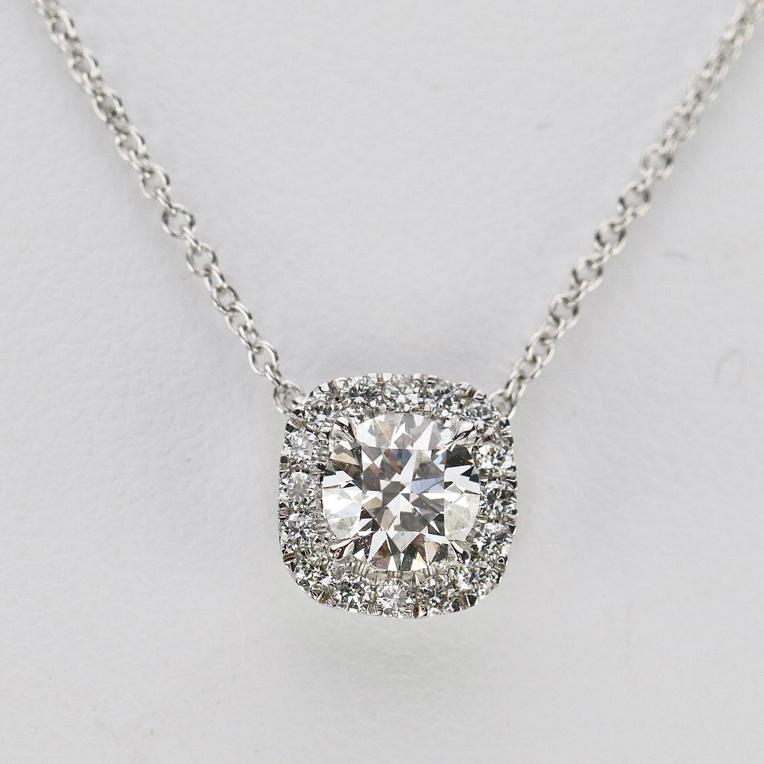 Lab grown diamond halo necklace in 14k white gold