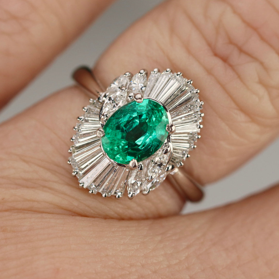 Estate Emerald and diamond ballerina style ring in platinum