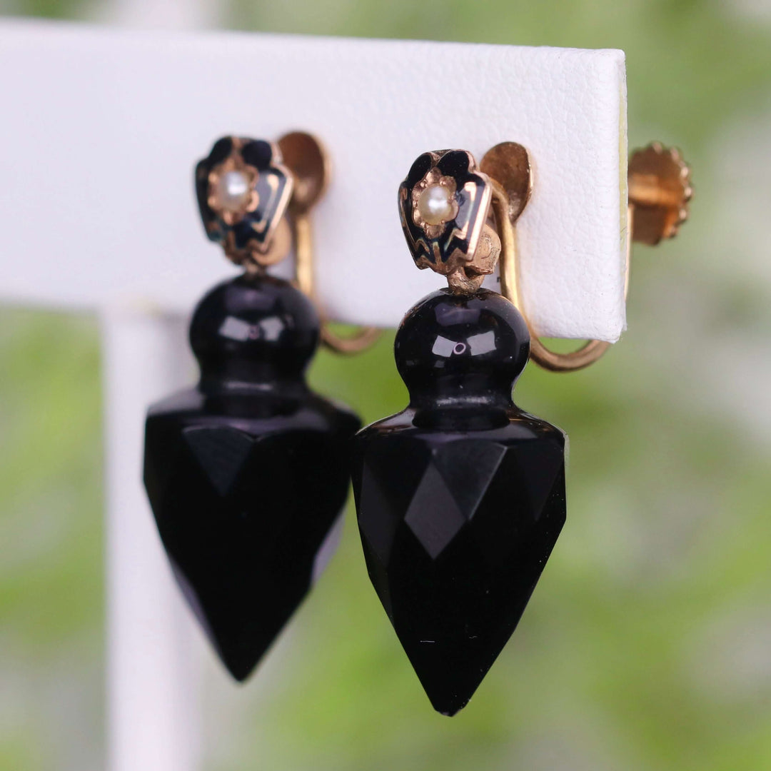 RESERVED: PAYMENT 3 OF 4: Victorian mourning earrings with faceted onyx drops in 14k yellow gold