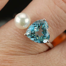 Load image into Gallery viewer, SALE!!  Blue topaz and pearl 2 stone ring in 14k white gold by Effy