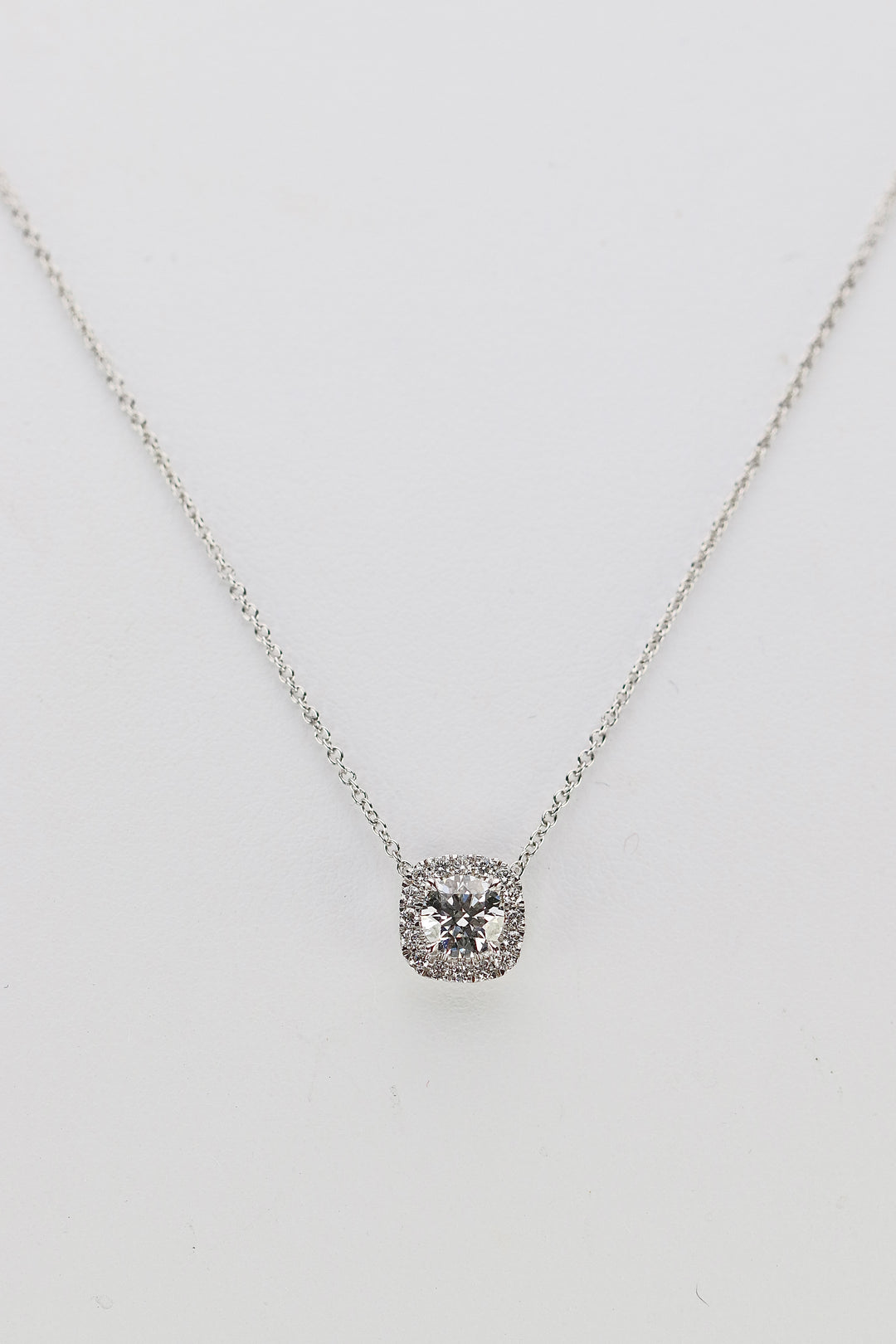 Lab grown diamond halo necklace in 14k white gold