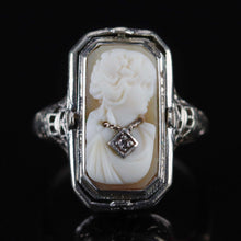 Load image into Gallery viewer, Vintage flip ring with onyx and cameo in 14k white gold