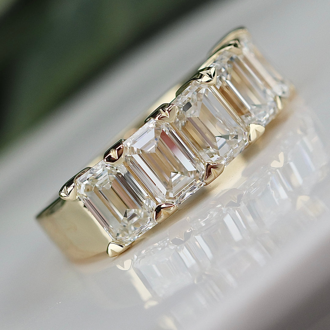 MANOR ROYAL: The Elizabeth ring - Lab grown 4.675ctw 5 stone emerald cut diamond band ring in 14k yellow gold