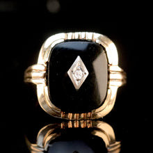 Load image into Gallery viewer, Vintage cushion cut onyx and diamond ring in yellow gold