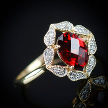 Load image into Gallery viewer, SALE!!  Garnet and diamond ring in 14k yellow gold