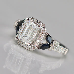 Vera Wang Designer Lab Grown emerald cut diamond ring in 14k white gold