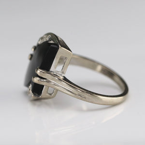 Fancy cut vintage onyx and diamond ring in white gold