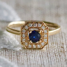 Load image into Gallery viewer, Sapphire and diamond halo ring in 14k yellow gold