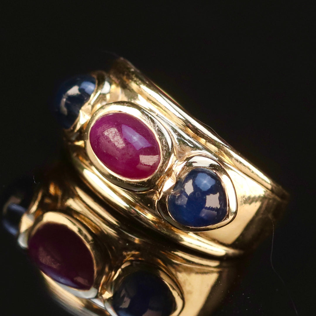 Etruscan style lab grown ruby and sapphire ring in 14k yellow gold