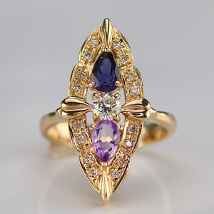 SPECIAL: 18k yellow gold multi gemstone navette ring