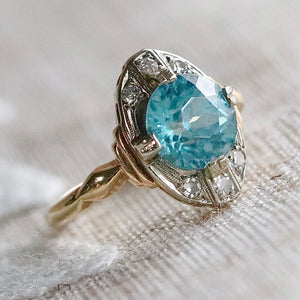 Vintage Blue zircon and diamond ring in yellow gold