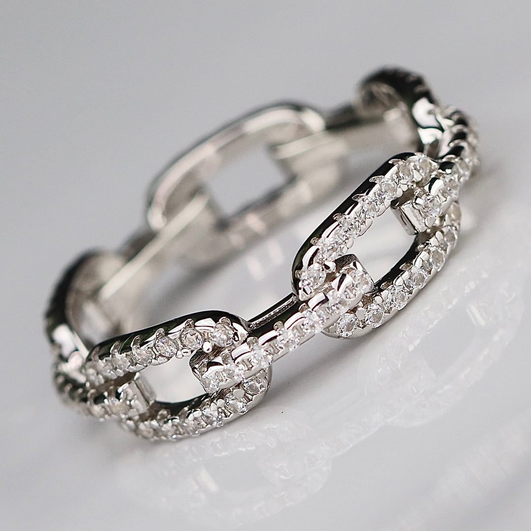 Sterling silver CZ studded paperclip band