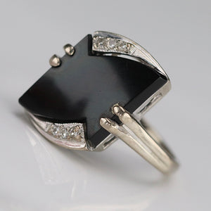 Fancy cut vintage onyx and diamond ring in white gold