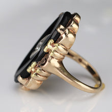 Load image into Gallery viewer, Large oval vintage black onyx and diamond ring in rose, green, and yellow gold ring