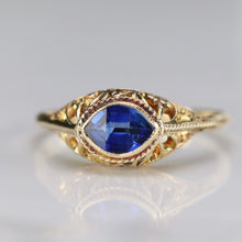 Load image into Gallery viewer, Vintage marquise cut lab grown blue sapphire ring in yellow gold