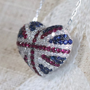 Union Jack heart sapphire, ruby & Diamond necklace in 18k white gold