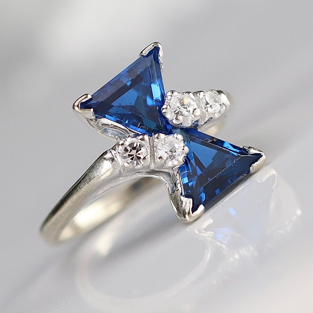 Vintage lab grown unusual blue and white spinel ring in white gold