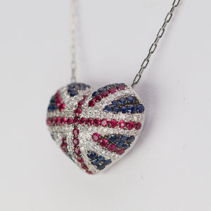 Union Jack heart sapphire, ruby & Diamond necklace in 18k white gold