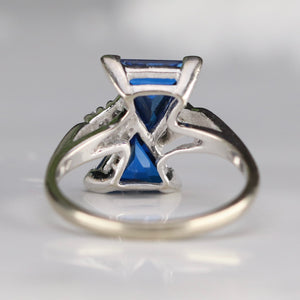 Vintage lab grown unusual blue and white spinel ring in white gold