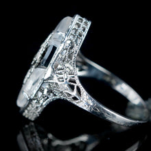 Load image into Gallery viewer, Vintage ring with onyx and rock crystal in 14k white gold filigree from Manor Jewels.