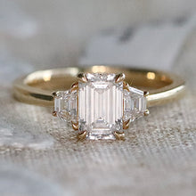 Load image into Gallery viewer, MANOR ROYAL:  The Queen Anne - 3 stone 1.40ctw lab grown emerald cut diamond ring in 14k yellow gold