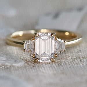 MANOR ROYAL:  The Queen Anne - 3 stone 1.40ctw lab grown emerald cut diamond ring in 14k yellow gold