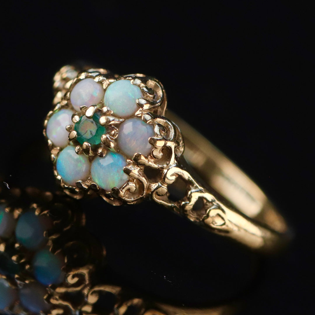 Vintage opal and emerald cluster ring in yellow gold