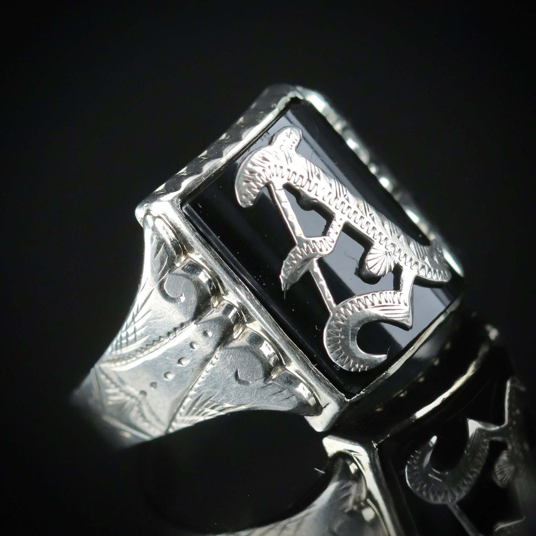 Vintage onyx letter A ring in white gold